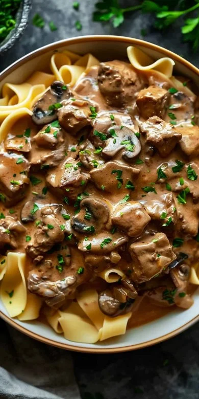 Delicious beef stroganoff made with ground beef served in a creamy sauce