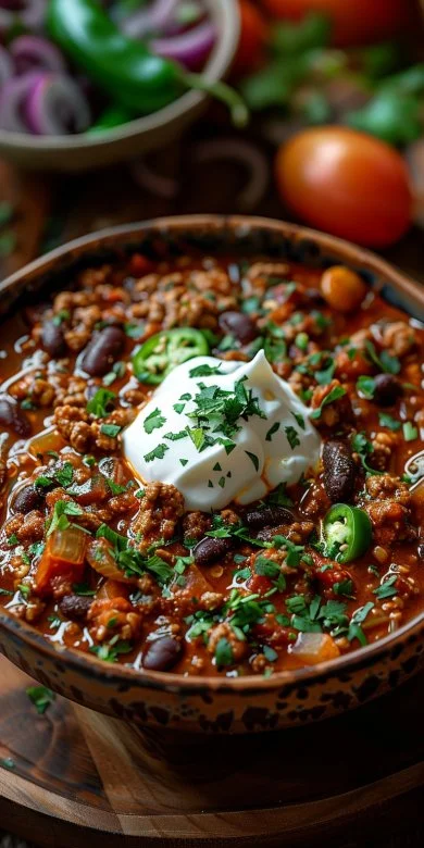 A bowl of best ever syn free chilli con carne with fresh herbs
