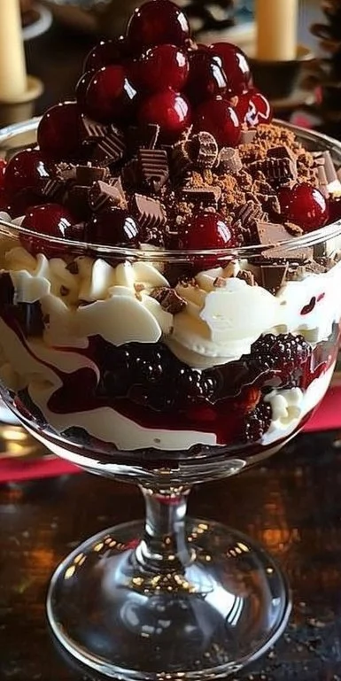Delicious Black Forest Trifle decorated with cherries and chocolate for Christmas.