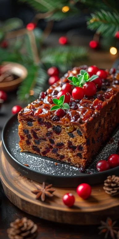 Delicious homemade Boozy Fruit Cake with mixed fruits and liquor