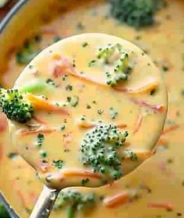 Bowl of creamy Broccoli Cheddar Soup garnished with cheese and broccoli florets