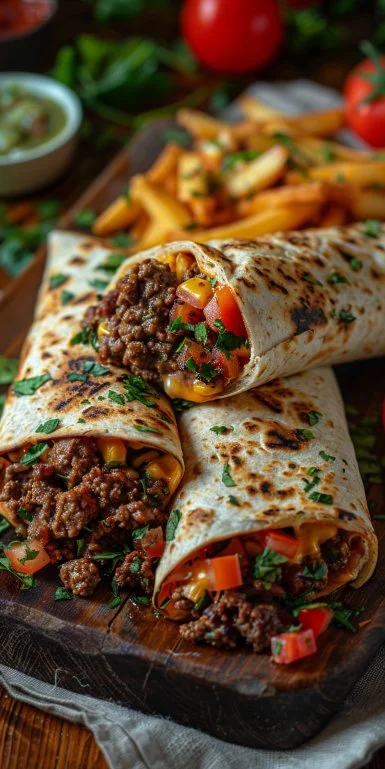 Cheesy Beef Burritos with Fries 3 Cheesy beef burritos served with crispy fries on a plate.