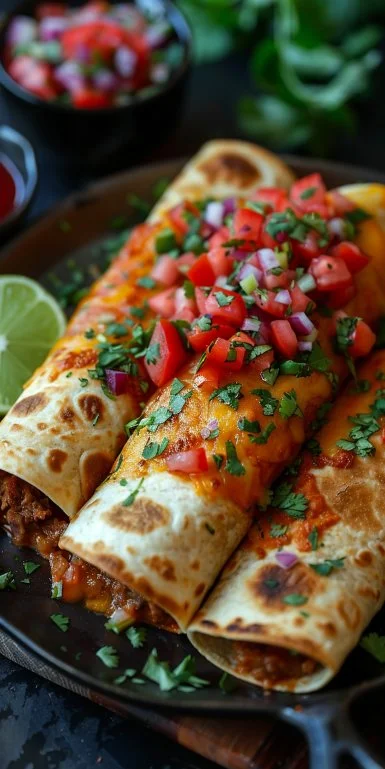 Cheesy Beef Chimichangas 3 Delicious cheesy beef chimichangas served with salsa and guacamole.