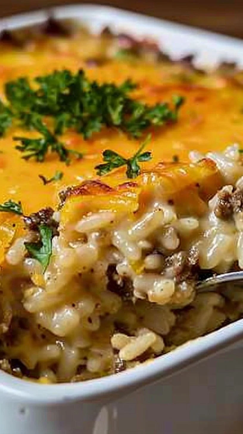 Cheesy Ground Beef Rice Casserole in a baking dish topped with melted cheese