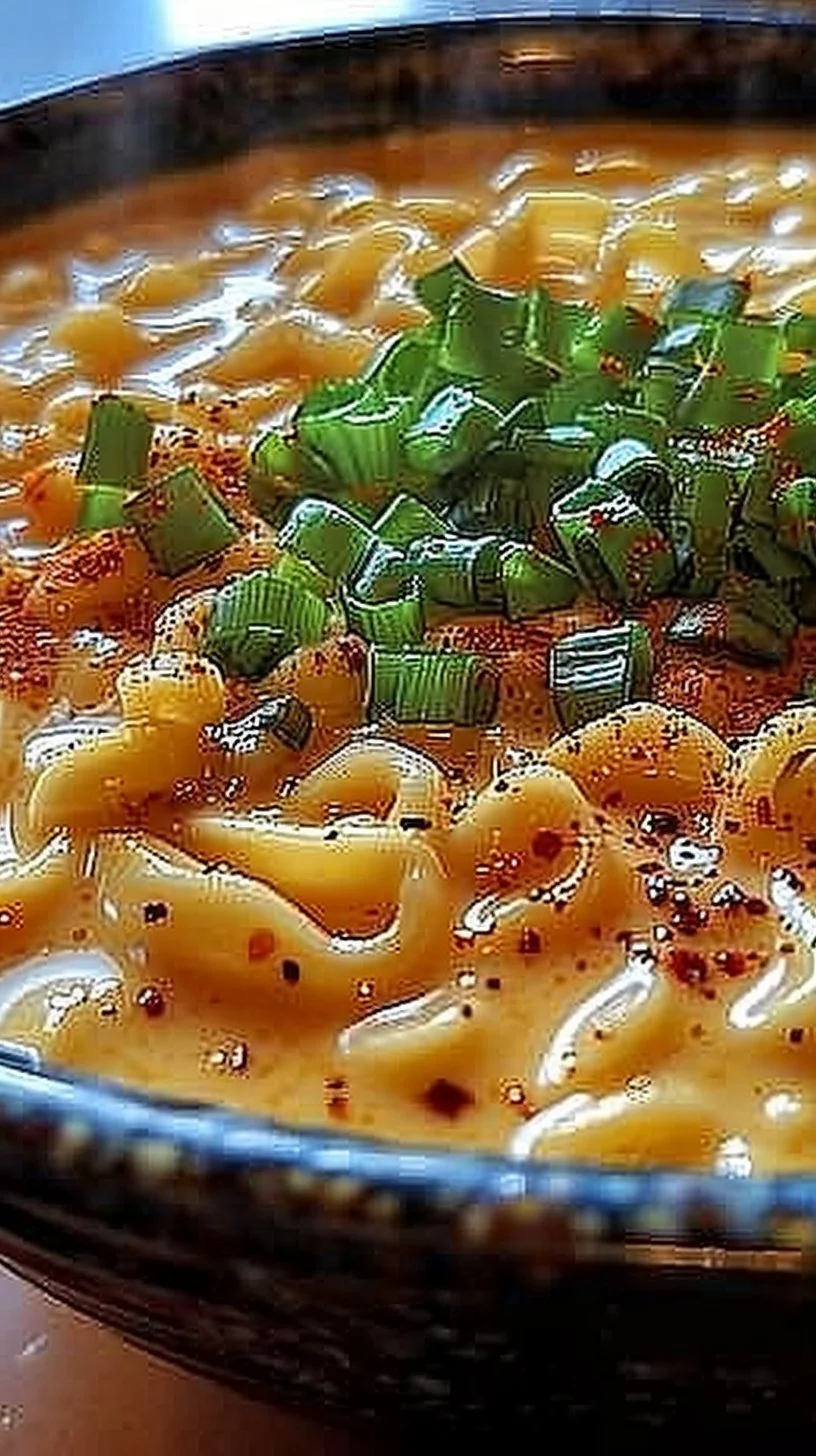 Delicious Cheesy Ramen served in a bowl garnished with herbs.