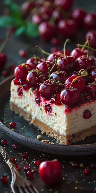 Slice of Cherry Pistachio Cheesecake with cherries and pistachios on top