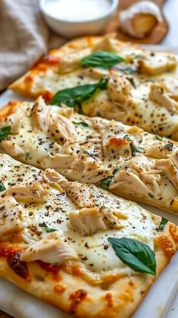 Delicious Chicken Alfredo Flatbread topped with creamy sauce and herbs