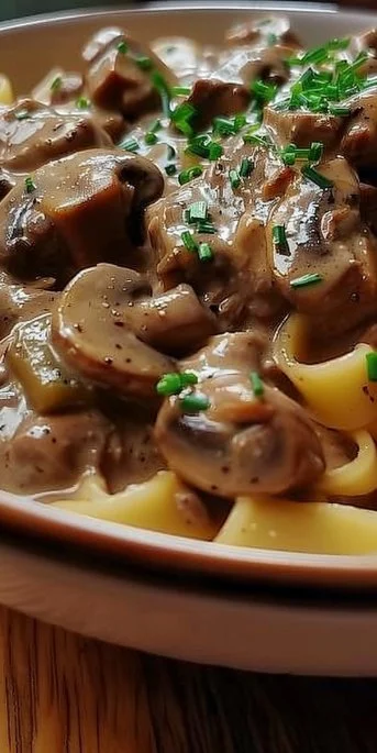 Delicious Chicken Mushroom Stroganoff served in a bowl