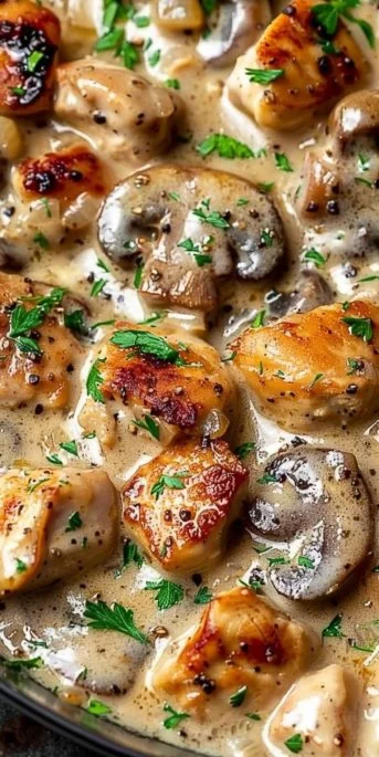 Creamy Chicken Stroganoff served with pasta and garnished with parsley.