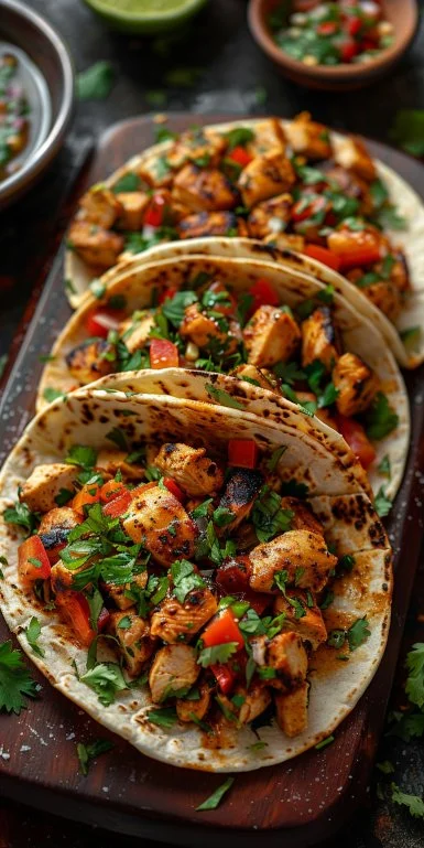 Chicken Tacos 3 Plate of flavorful chicken tacos with fresh toppings and salsa
