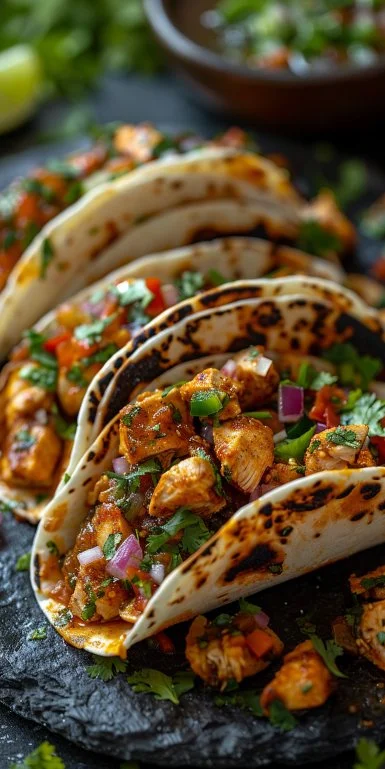 Chicken Tacos 3 Delicious chicken tacos topped with fresh ingredients and served in soft tortillas.