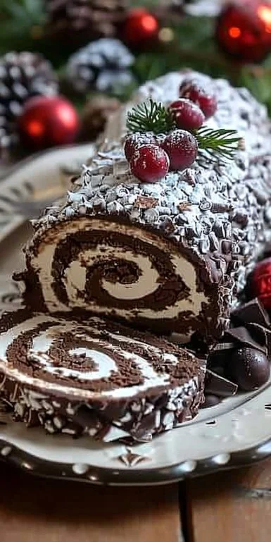 Delicious chocolate yule log dessert decorated for the holidays