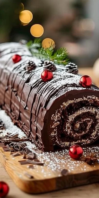 Delicious Chocolate Yule Log dessert for Christmas celebration