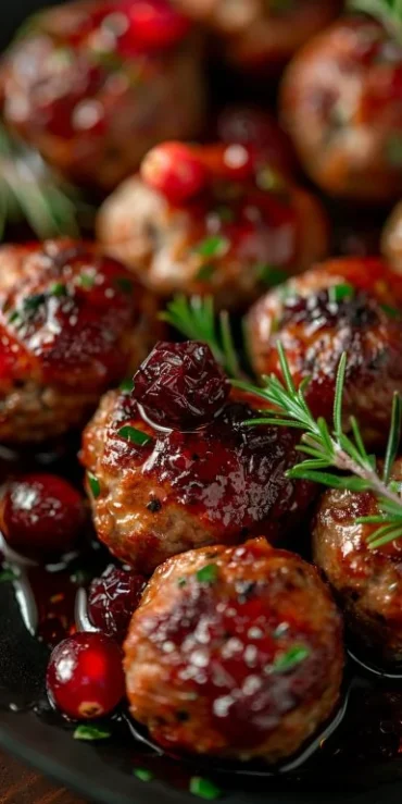 Plate of Christmas Cranberry Meatballs ready to serve at holiday festivities.