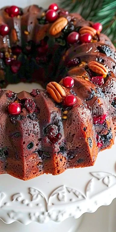 Delicious Christmas Fruit Bundt Cake decorated with festive fruits and icing
