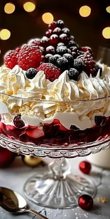 A festive Christmas Pavlova Trifle topped with fresh berries and cream