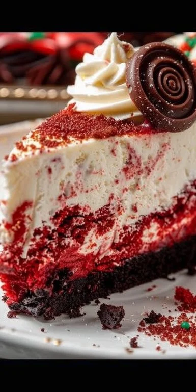 A delicious Christmas red velvet cheesecake decorated for festive celebrations.