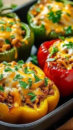 Classic stuffed peppers filled with rice, ground meat, and spices.