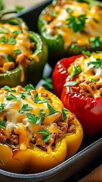 Classic stuffed peppers filled with rice, ground meat, and spices.