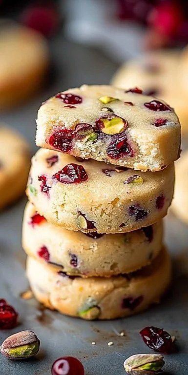Delicious cranberry pistachio shortbread cookies on a plate