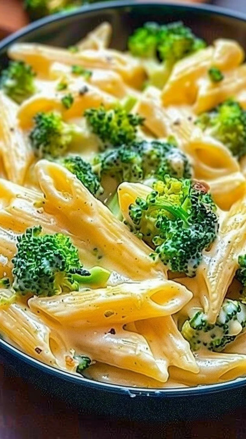 Creamy Broccoli Cheese Pasta 3 Creamy broccoli cheese pasta served in a bowl garnished with herbs