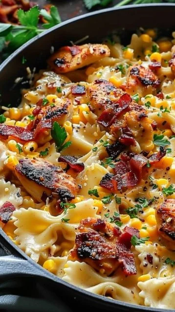 Creamy chicken pasta with corn and bacon in a delicious dish