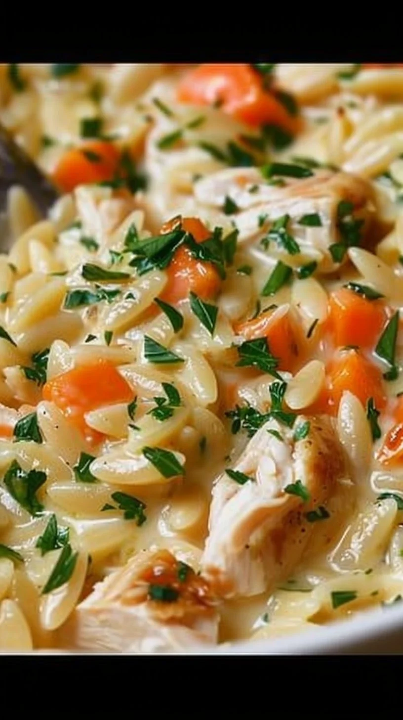 Creamy chicken pot pie orzo served in a bowl with fresh herbs on top.