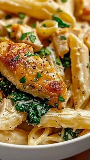 Creamy garlic parmesan chicken pasta served in a bowl with herbs