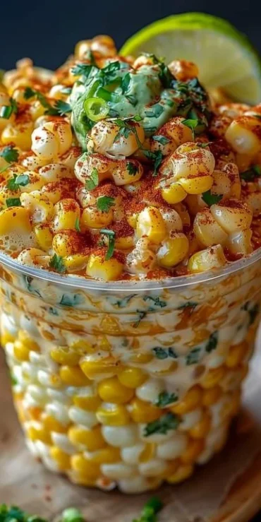 Creamy Mexican street corn in a cup (Esquites) topped with cheese and spices.
