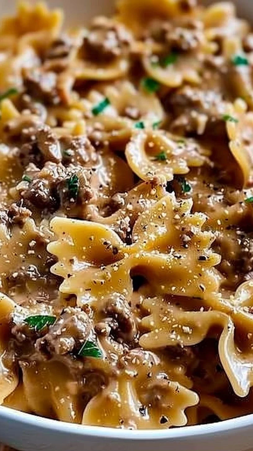 Creamy Parmesan Garlic Beef Bowtie Pasta 3 Creamy Parmesan garlic beef bowtie pasta served in a bowl
