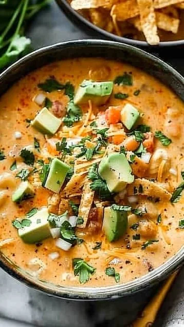 Creamy White Chicken Chili 8 Delicious creamy white chicken chili served in a bowl with toppings