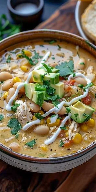 Creamy White Chicken Chili 3 Bowl of creamy white chicken chili with fresh toppings