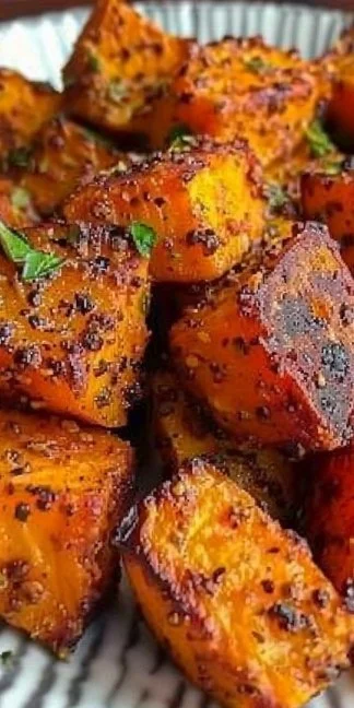 Crispy Air Fryer Sweet Potatoes 3 Crispy air fryer sweet potatoes served in a bowl, garnished with herbs.