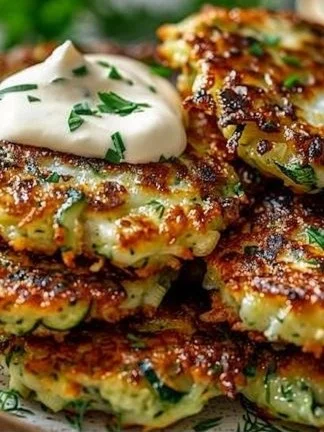 Crispy zucchini fritters served with dipping sauce on a plate