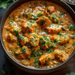 Delicious crockpot butter chicken served with rice and herbs.