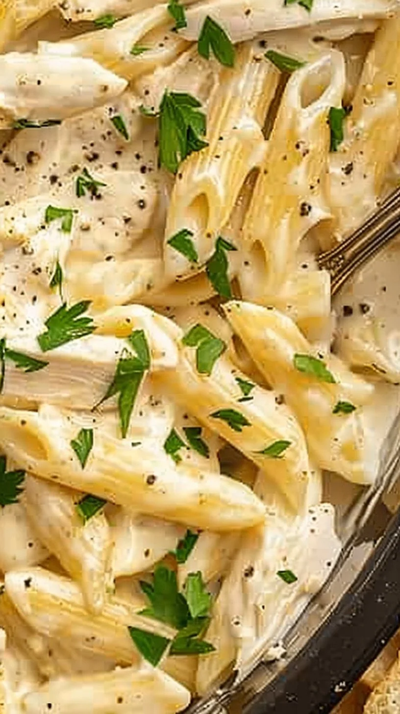Crockpot Chicken Alfredo with pasta and creamy sauce on a plate