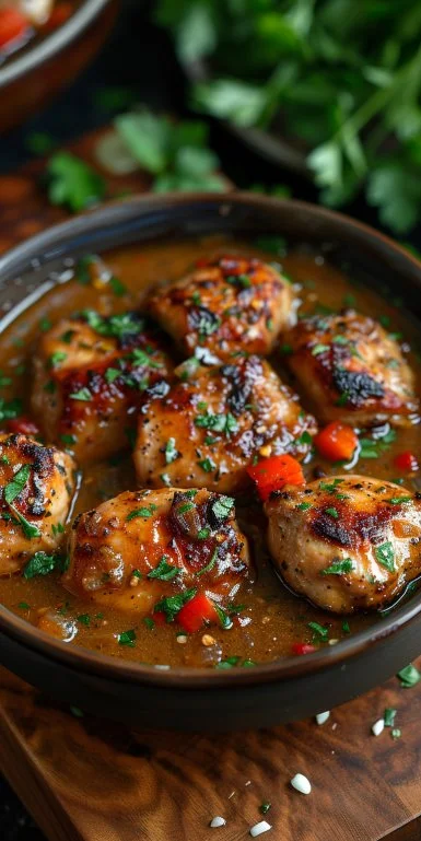 Delicious Crockpot chicken in gravy served over a bed of rice