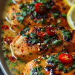 A plate of Crockpot Chicken Piccata garnished with parsley and lemon slices