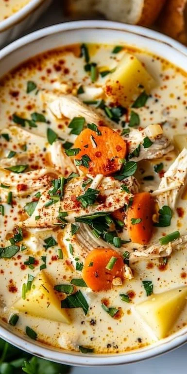 Crockpot creamy chicken and potato soup in a bowl with fresh herbs on top