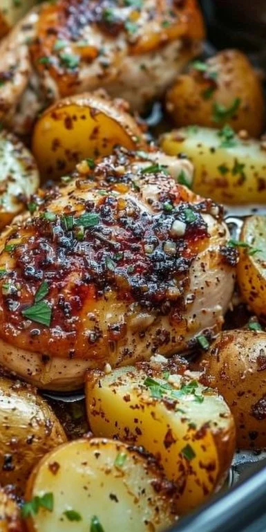 Crockpot Garlic Parmesan Chicken with Potatoes in a slow cooker dish.