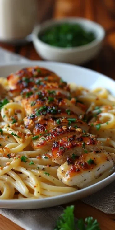 Crockpot Garlic Parmesan Chicken Pasta garnished with parsley in a bowl