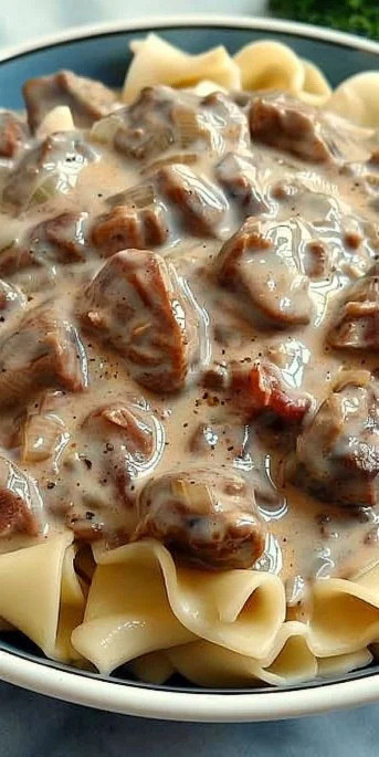Crock Pot beef stroganoff served with noodles and fresh parsley