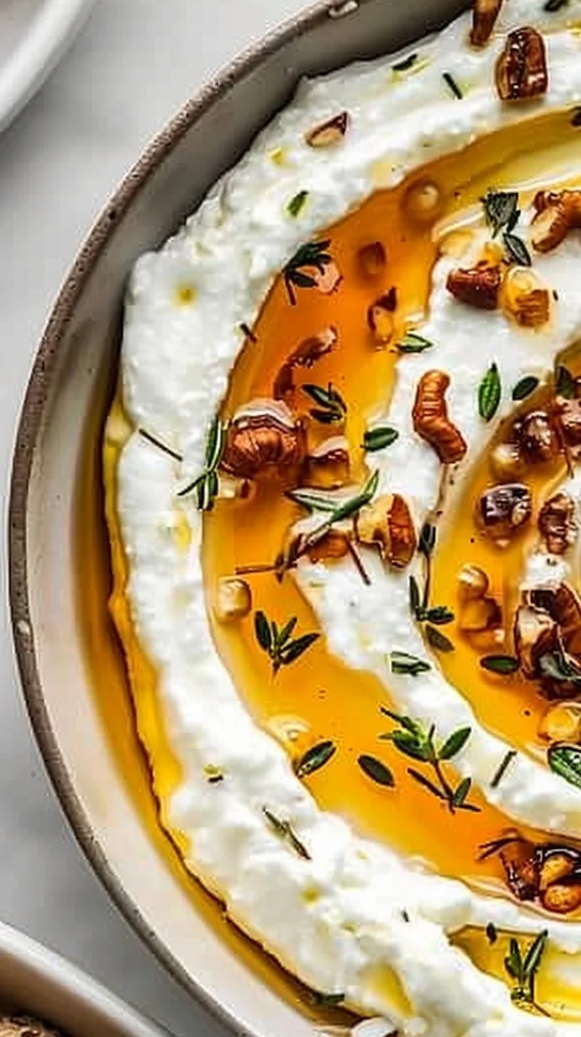 Delicious Ricotta Dip with Hot Honey 3 Delicious ricotta dip topped with hot honey, served in a bowl with breadsticks.