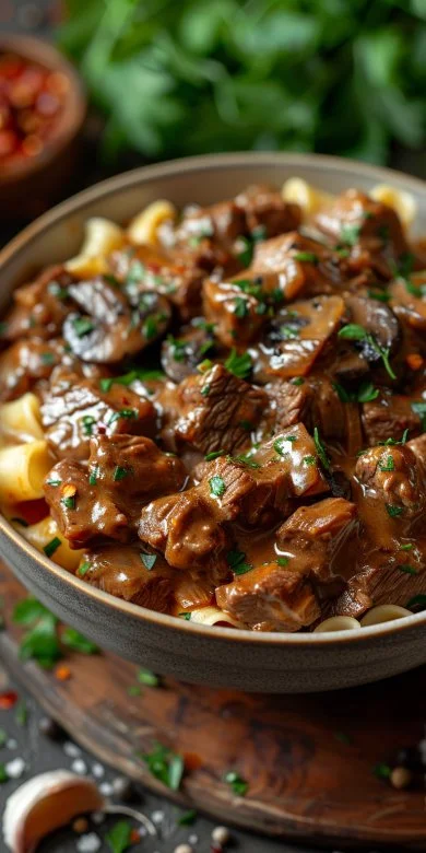 Delicious plate of easy beef stroganoff with mushrooms and creamy sauce