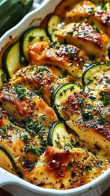 Easy Chicken Zucchini Bake 3 Easy chicken zucchini bake with cheese and herbs in a baking dish