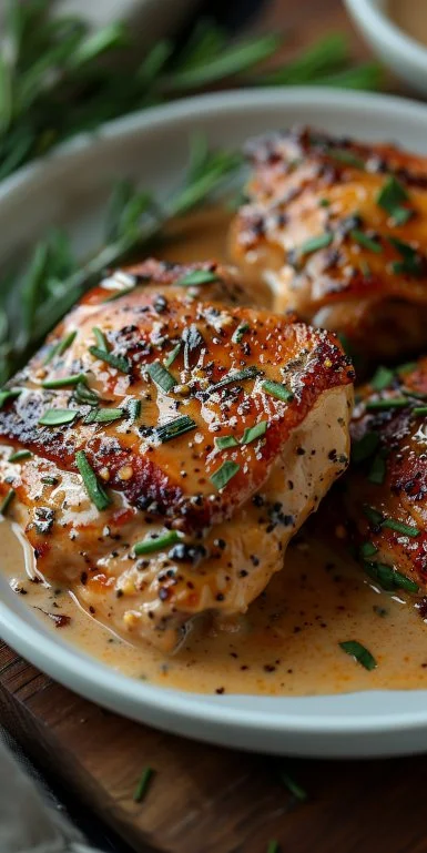 Easy Crockpot Chicken Thighs with Creamy Gravy 3 Creamy gravy over tender crockpot chicken thighs served on a dinner plate