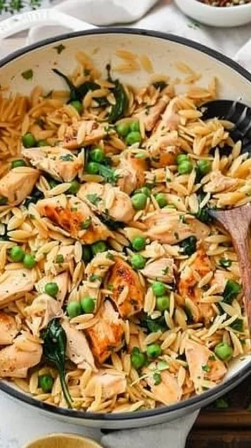Easy One Pot Chicken Orzo 3 A delicious bowl of Easy One Pot Chicken Orzo topped with fresh herbs.