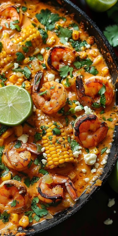 Mexican Street Corn with Shrimp and Creamy Feta Cheese Sauce