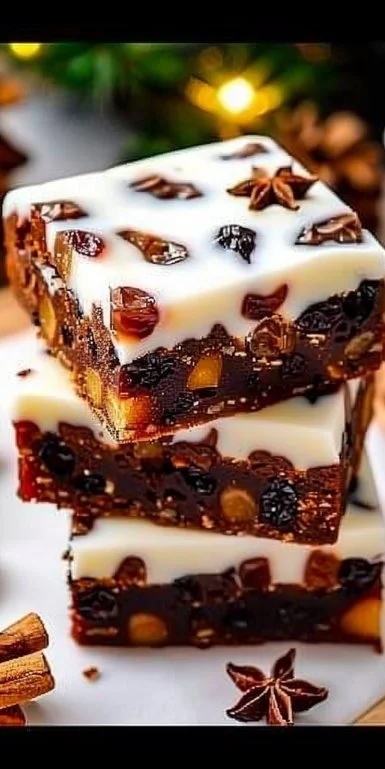 Festive Christmas Fruitcake Traybake 3 Festive Christmas Fruitcake Traybake topped with dried fruits and nuts.