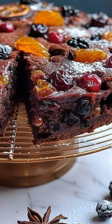 Fluffy Christmas Fruit Cake 3 Fluffy Christmas Fruit Cake topped with fruits and nuts, a festive dessert.